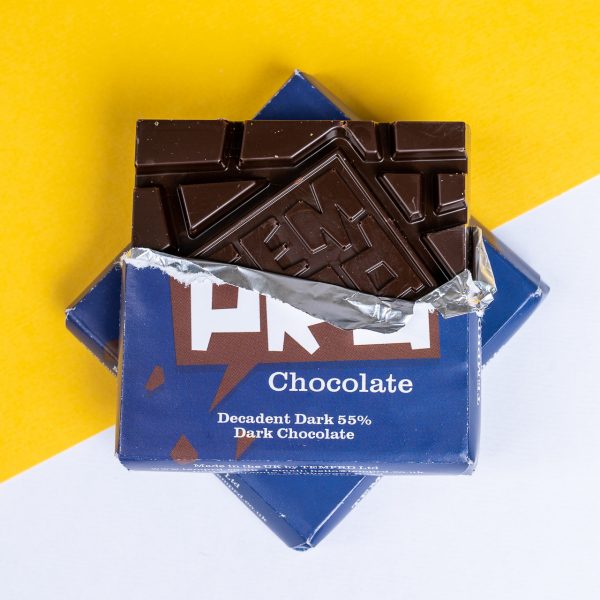 Temprd Dark chocolate bars in a blue box with 'Frey' branding on a yellow and white background available from Stort Valley Gifting