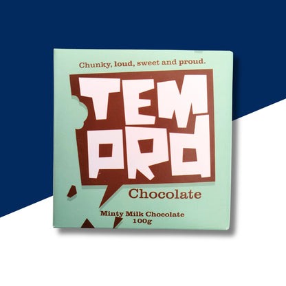 Temprd Minty Milk Chocolate bar with green packaging on a blue and white background available from Stort Valley Gifting